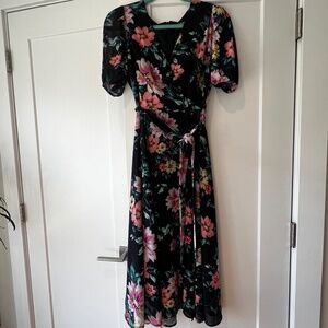 Yumi Kim black and floral dress, midi, high slit on side, Size S